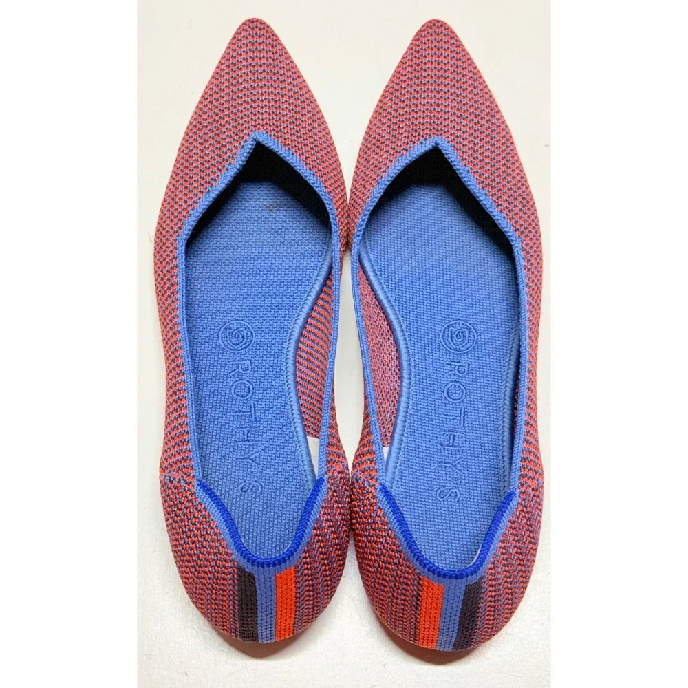 Rothys The Point‎ Flats Womens 8.5 Red Blue Pointed Toe Tangerine Triple Stitch